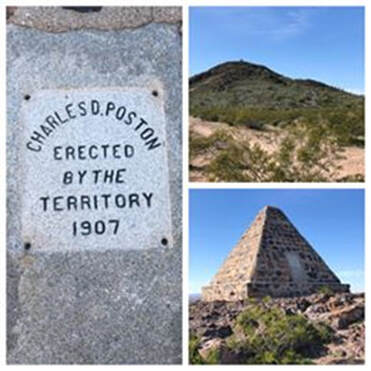 Collage of three snapshots: a long-range view of a desert scene with Poston Butte showing a silhouetted pyramid; an approach shot of the stone pyramid; a close-up of wording on the side of the monument that reads: “Charles D. Poston, Erected by the Territory, 1907”