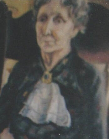 A painted portrait of Trinidad Swilling. She is portrayed as an older woman wearing a dark dress or blouse with a brooch and lace fichu.