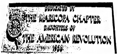 A vintage snapshot of the plaque; text is “Dedicated by The Maricopa Chapter / Daughters of the American Revolution 1938.”