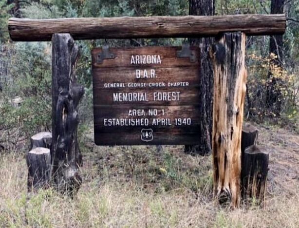 A color snapshot of the U.S. Forest Service sign in an outdoor setting that reads, “Arizona D.A.R. General George Crook Chapter / Memorial Forest Area No. 1 Established April 1940 [Forest Service logo]”