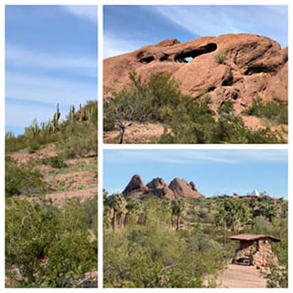 Three snapshots of Papago Park. The Governor George W. P. Hunt tomb is in the background of one view.