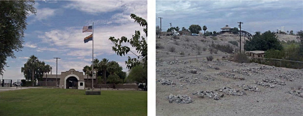 A collage of two snapshots. (1) An arched entrance to a fenced area containing a low building. This is in a park-like setting with a flagpole flying flags of the United States and Arizona. (2) A desert setting of a fenced area without plants. Several rows are laid out with what appears to be about 20 graves, each covered with large rocks.