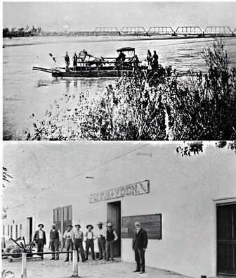 A collage of two vintage photographs. (1) A flat-bottomed ferryboat on a river with an iron railroad bridge in the background. Pictured, left to right, on the ferry are two standing figures, a horse-drawn buggy with a seated figure, and two or three standing figures. (2) A long, low building viewed at a 45-degree angles. Seven men are standing in a row in front of the building to the left of the doorway and another figure, identified as Charles T. Hayden, is standing to the right of the door. A sign above the door is partially readable with “Hayden.”