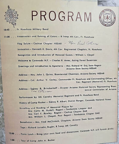 A photograph of the dedication program, undated. The DAR insignia is in the top left corner; the U.S. Forest Service insignia is in the top right corner.