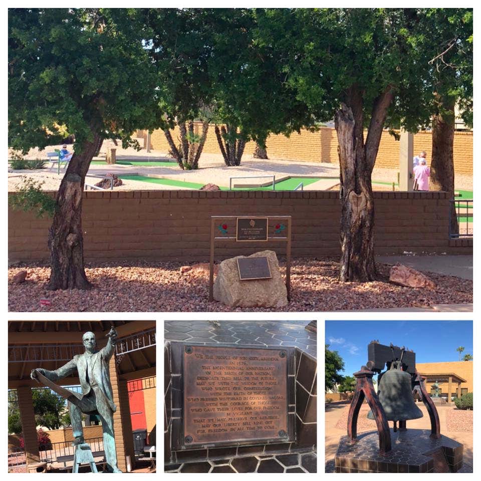 A collage of four snapshots, with some locations not identified. (1) Two markers in place in a gardena setting. (2) A statue of Del Webb. (3) An unreadable plaque. (4) A replica of the Liberty Bell.