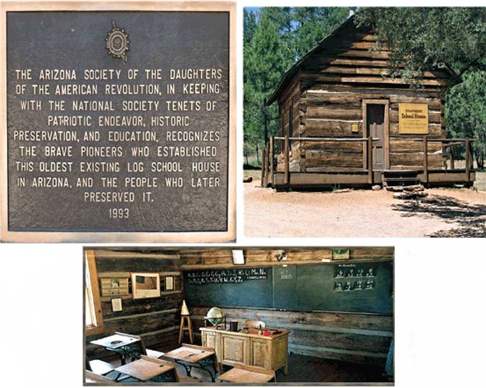 A collage of three snapshots. (1) Plaque. (2) A log-cabin style school building in a setting with pine and other trees. (3) The school interior with a chalkboard, teacher’s desk, dunce stool and cap in the corner, and student desks. The walls are square-hewn logs.