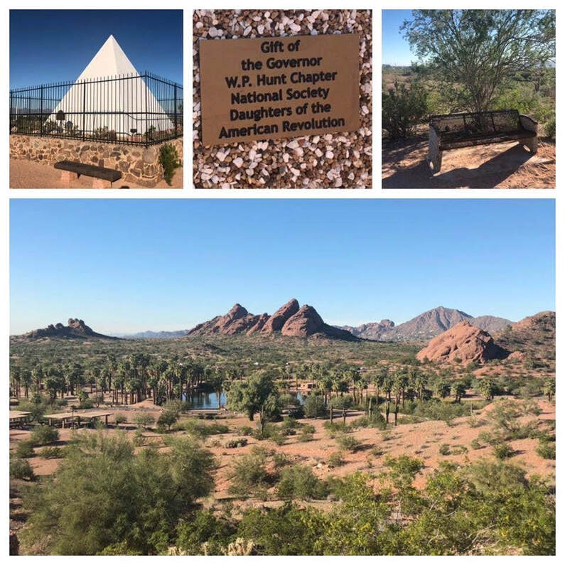 A collage of four images showing (1) the tomb, (2) A plaque that reads, “Gift of the Governor W. P. Hunt Chapter, National Society Daughters of the American Revolution,” (3) a bench, and (4) a panoramic view of the park.