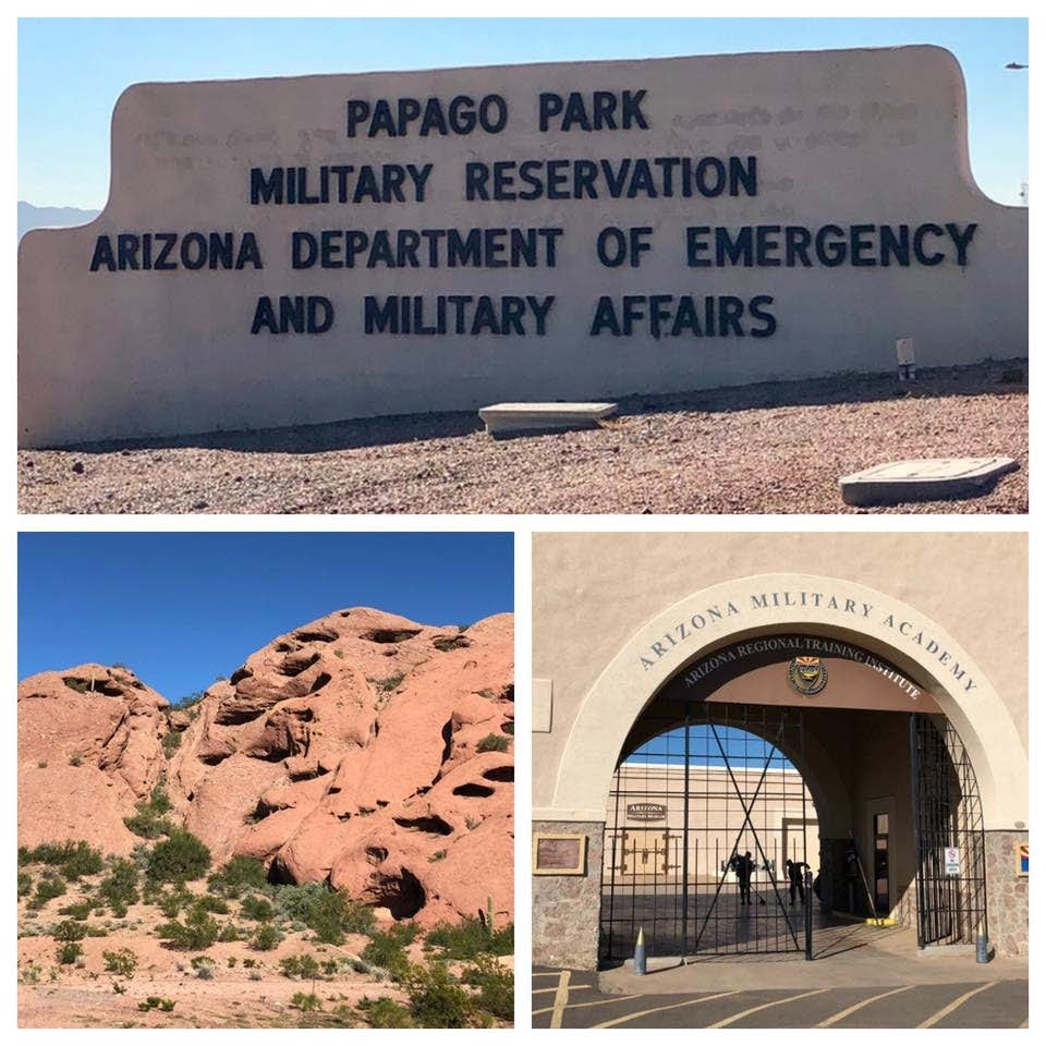 A collage of three snapshots showing (1) a sign that reads, “Papago Park Military Reservation Arizona Department of Emergency and Military Affairs.” (2) red hills of Papago park, and (3) arched entrance to Arizona Military Academy.