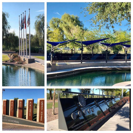 A collage of four snapshots with views of (1) five flagpoles, (2) a shaded walkway, (3) standing markers for each branch of the service, and (4) the marble wall. These images are indistinct.