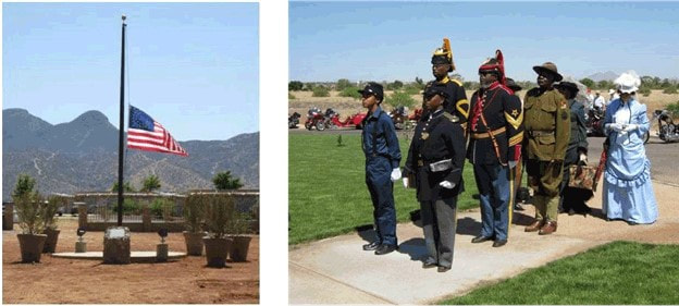 A collage of two snapshots in an outdoor scene. (1) The U.S. flag at half mast and (2) dignitaries standing at attending and wearing period clothing, including uniforms.