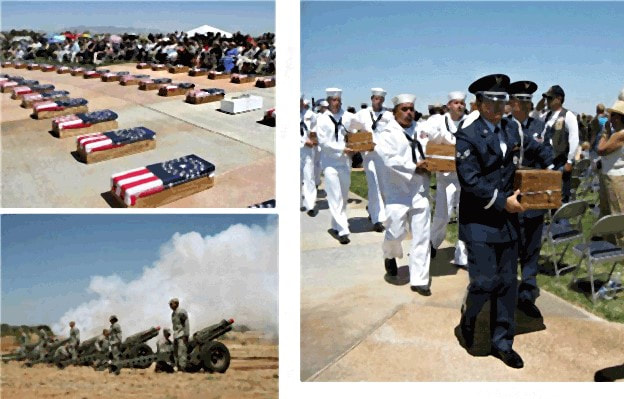 A collage of three snapshots showing (1) rows of flag-covered coffins, (2) coffins being carried by uniformed service members, and (3) military x-gun salute. Images are indistinct.