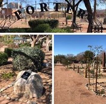 A collage of three snapshots. (1) Entrance to Porter Cemetery, (2) the original marker, and (3) newly-planted trees along a dirt walkway.