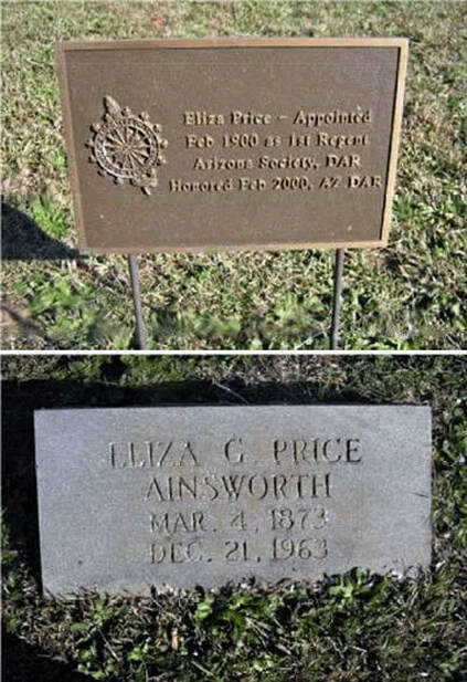 A collage of two snapshots showing a simple marker and gravestone. The gravestone reads, “Eliza G. Price Ainsworth, Mar. 4, 1873 / Dec. 21, 1963.”